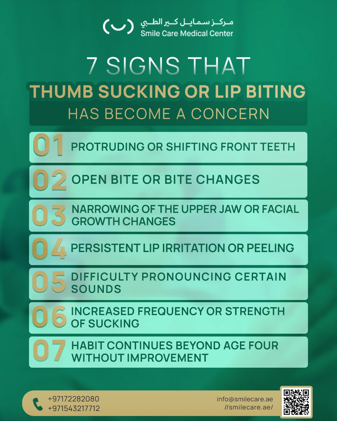 Infographic showing signs of thumb sucking or lip biting affecting teeth alignment, bite, and jaw growth in children.