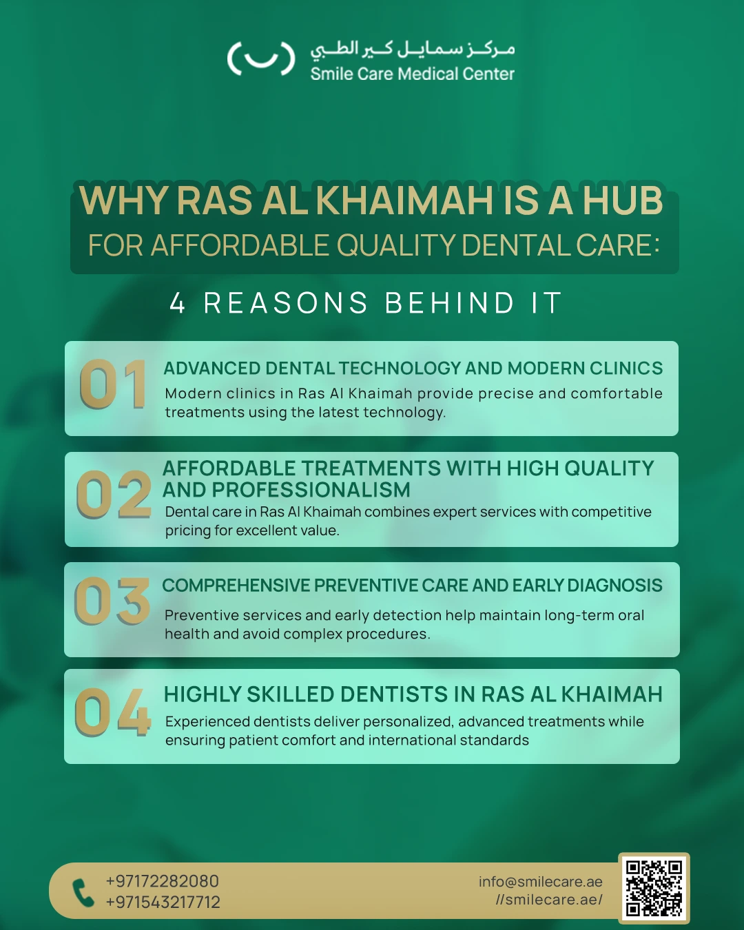Infographic showcasing four main reasons that make Dental Care in Ras Al Khaimah a distinguished destination for professional treatment combining quality, prevention, and medical expertise.