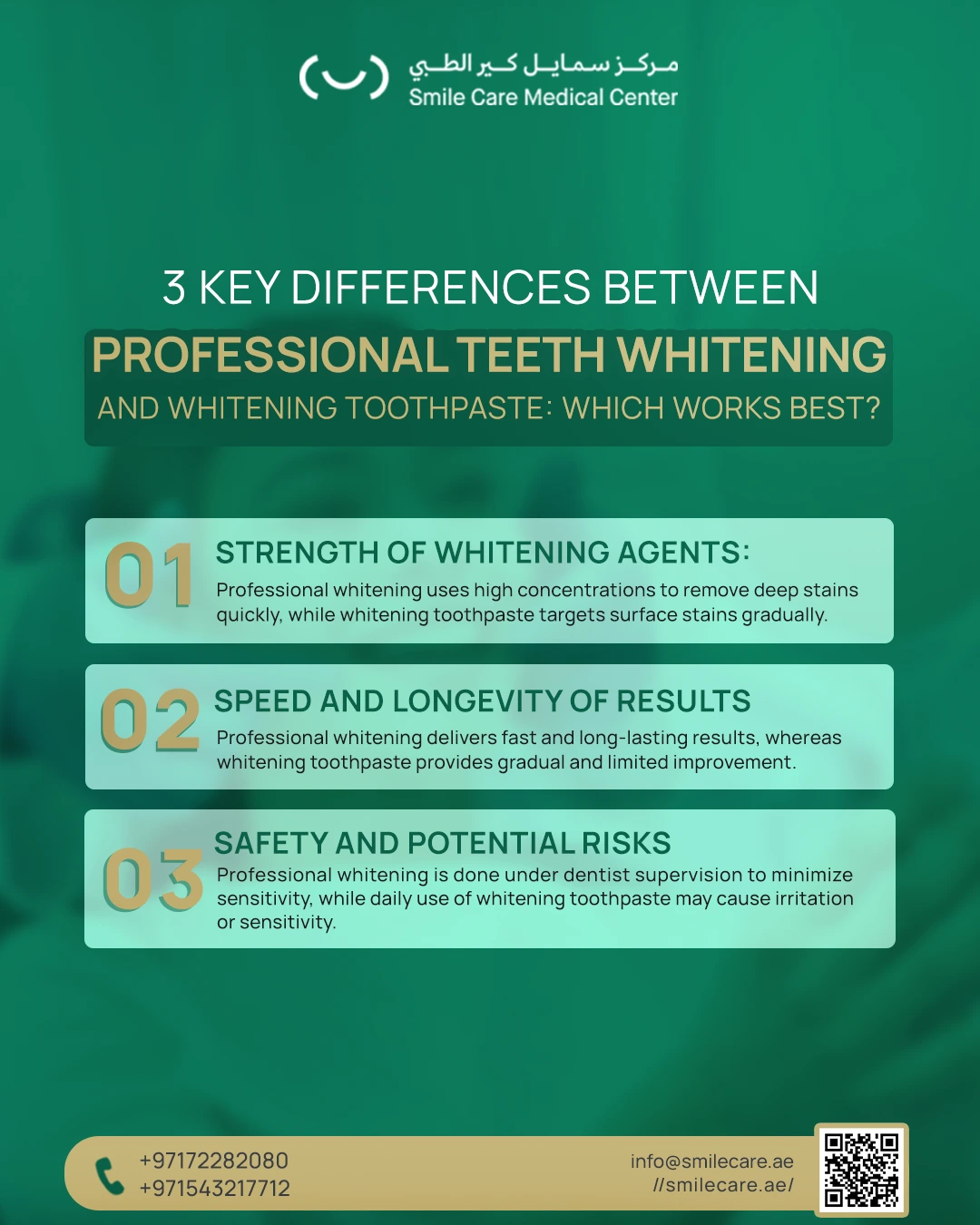 Infographic explaining the main differences between Professional Teeth Whitening and whitening toothpaste to choose the best option for a brighter smile.