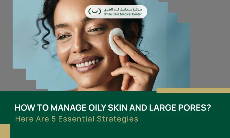 Smiling woman with curly hair applying skincare product with a cotton pad. The text below the image discusses strategies for managing oily skin and large pores.